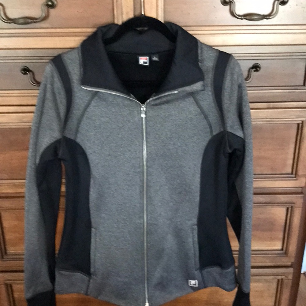 Lightweight new never worn jacket gray with black and zipper down front.